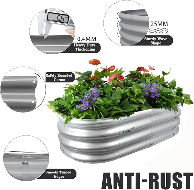 1 Pack 4x2x1ft Galvanized Raised Garden Bed Kit Oval Metal Ground Planter Box Outdoor Bottomless Planter Raised Beds for Vegetables Flowers Herbs Fruits Silver