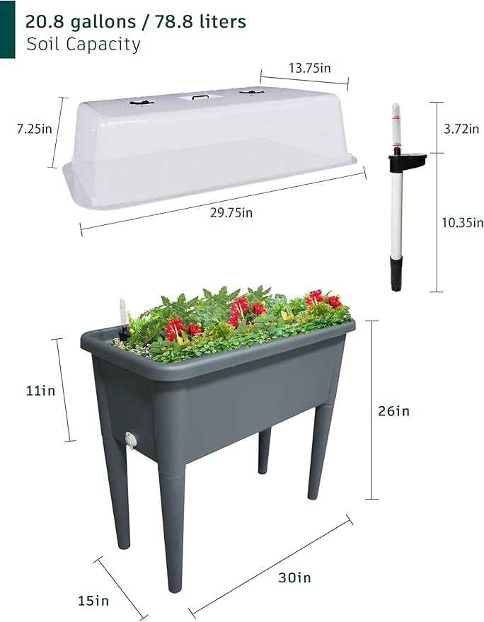 FENCETECH 20.8 Gallon Self Watering Raised Garden Bed with Greenhouse Cover 30 x 25.6 x 15 Plastic Plant Box with Legs and Drainage Plug Grey