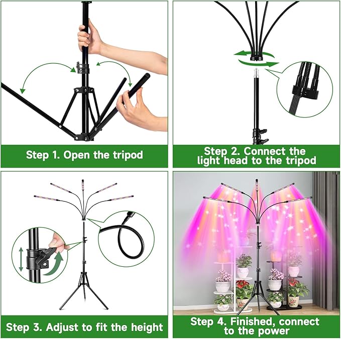 Garpsen Grow Light with Stand 5 Heads Grow Lights for Indoor Plants 100 LEDs Full Spectrum Led Plant Light for Seed Starting with 15-63 Adjustable Tripod&amp6/12/16H Timer(No Clip)
