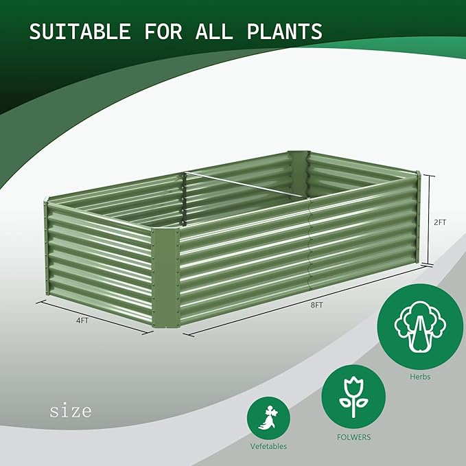 FRIZIONE 8FT(L)×4FT(W)×2FT(H) Raised Garden Bed Outdoor for Flower Garden Planter Box for Vegetable Raised Garden Beds for Herb Succulent Light Green