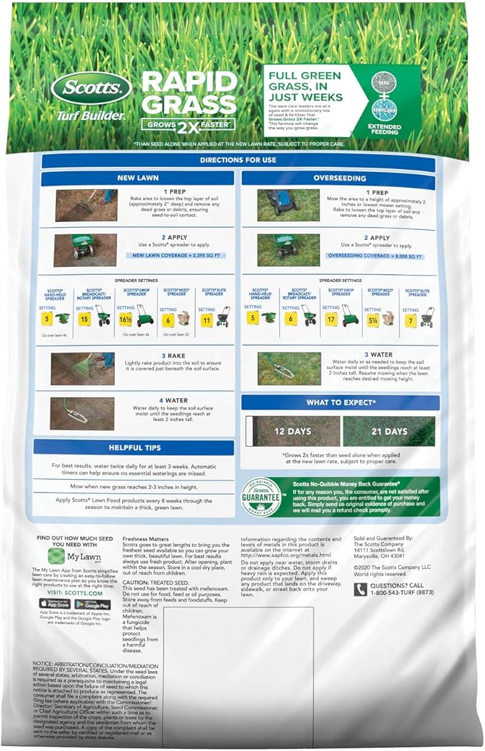 Scotts Turf Builder Rapid Grass Sun and Shade Mix Combination Grass Seed and Fertilizer Grows Green Grass in Just Weeks 16 lbs.