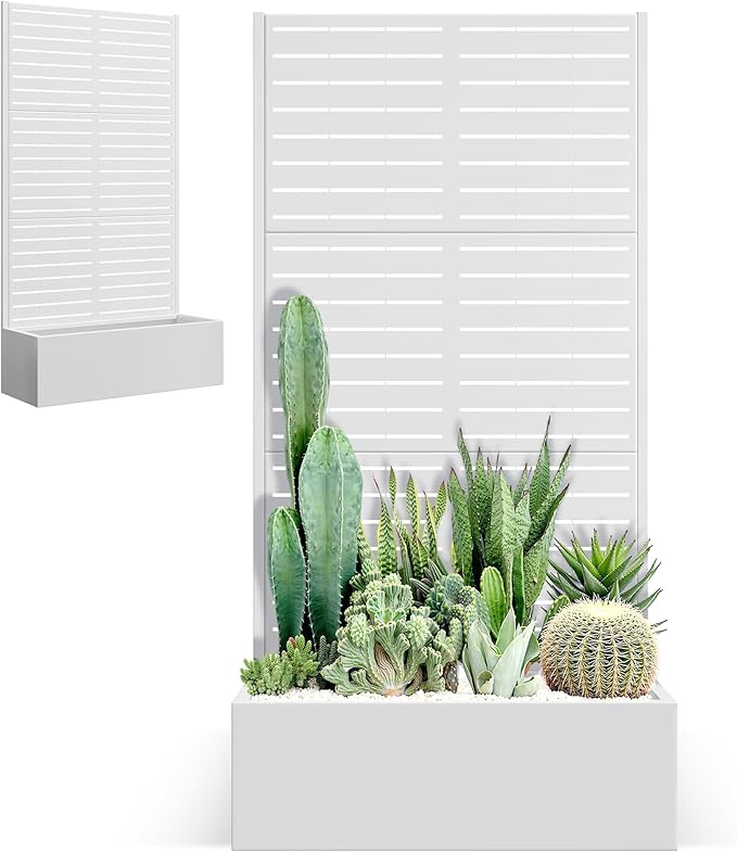 Metal Planter Box with Trellis for Patio 35 L×16 W×71 H Raised Garden Bed with Trellis Privacy Screen Planter Box for Climbing Plants Outdoor (White Blinds)