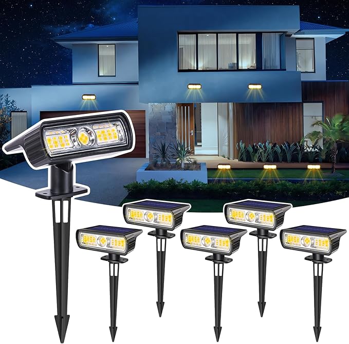 Toodour Solar Spot Light Outdoor 6 Pack Solar Lights Outdoor with 2 Modes Waterproof Solar Powered Flood Lights Landscape Lighting for Yard Garden Home Pathway Walkway Outdoor Decor - Warm White