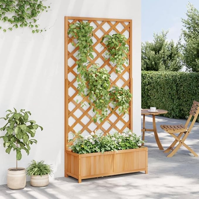 Rustic Fir Wood Raised Planter Box with Trellis 35.4 in Outdoor Indoor Garden Bed for Climbing Plants Tomato Herb Patio Balcony