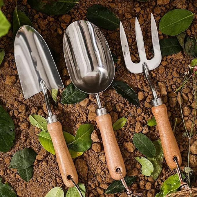 3-Piece Stainless Steel Gardening Tool Set with Wooden Handle Suitable for Wild Camping Orchard Vegetable Garden Fork 12.2 inches Shovel 13 inches Shovel 13.5 inches 0.08 inches Thick