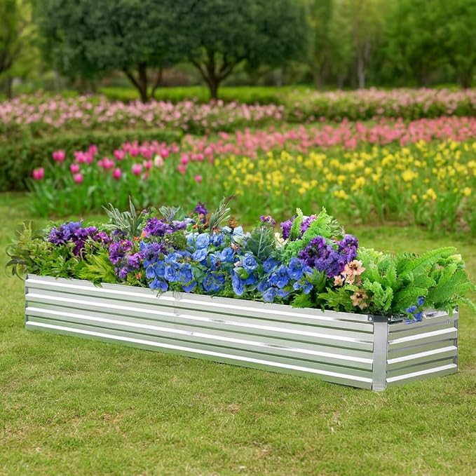 2 Pack 8x2x1FT Galvanized Raised Garden Bed Kit Outdoor Metal Planter Box for Vegetables Bottomless Rectangular Gardening Bed with Support Rods Tool-Free Assembly Silver