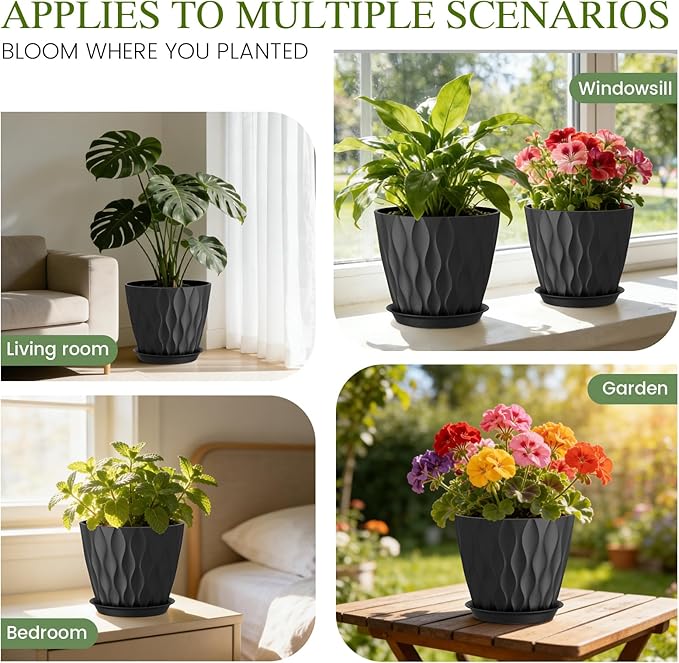 8 Inch Plant Pots with Saucers (4 Pack) - Modern Ribbed Flower Pots for Indoor Plants - Sturdy Decorative Planters for Snake Plant &amp Flowers - Drainage Holes (4 Black)