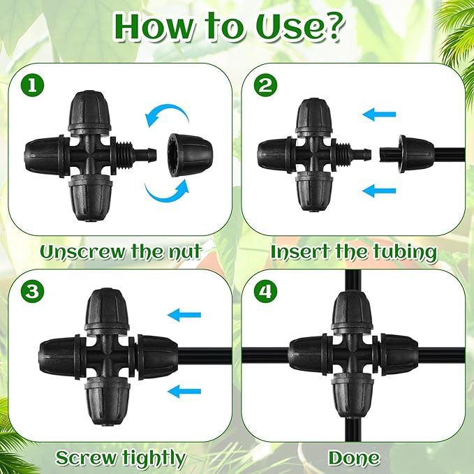 225 Pcs 1/4 Inch Tubing Irrigation Fittings Kit Locked Barbed Connectors Drip Irrigation Kit for 1/4 Inch Pipe (75 Couplings 75 Tees 30 Elbows 30 End Plugs 15 Four Way)