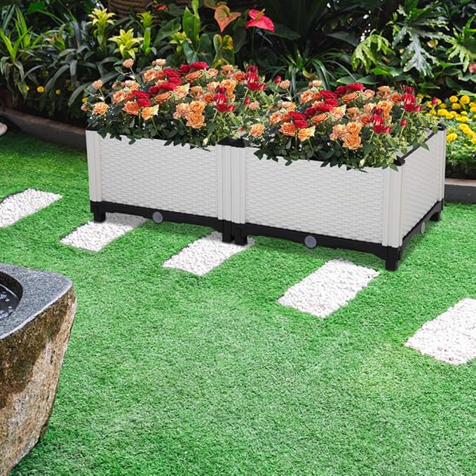2 Pcs Raised Garden BedWood Planter Box Stand for Vegetable Flower Herb OutdoorsElevated Planter BoxPerfect for BackyardPatio Balcony Gardening (White)