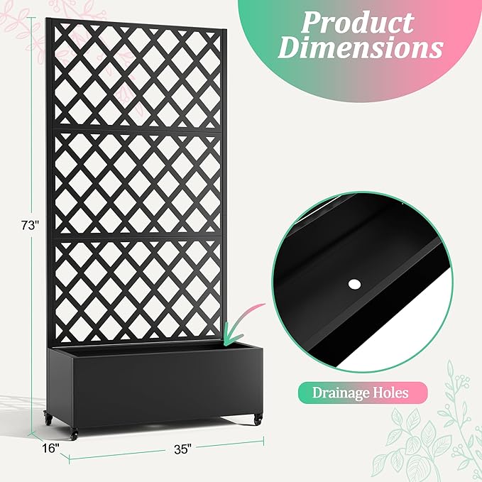 Metal Raised Garden Bed with Trellis for Climbing Plants Vegetable VinesMetal Planter Box with Trellis 73x35x16Trellis with Planter Box &amp Privacy ScreenRaised Garden Bed On Wheels(Black)