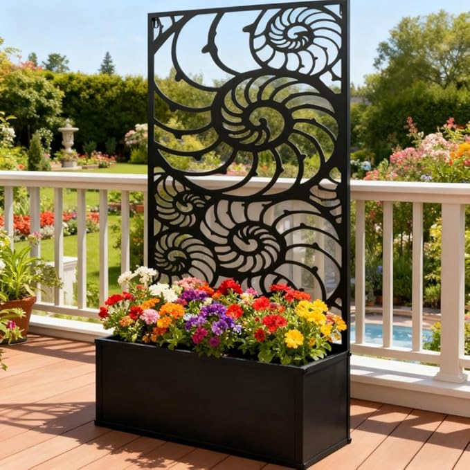 Freestanding or Wall Mounted Planter with Trellis Metal Garden Bed for Climbing Plants Flexible Installation for Patio Balcony &amp Small Spaces (Conch)
