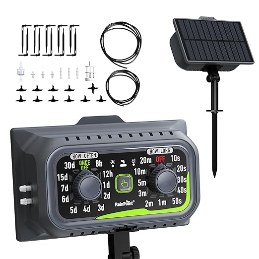 RAINPOINT Compact Programmable Solar Automatic Plant Waterer Kit Work with Indoor OutdoorSelf Watering Drip Irrigation Pump Indoor/Outdoor Vacation Free Low Water Auto Shut-Off Water 10-20 Plants