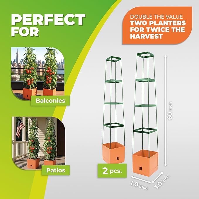 Bio Green Maxitom - 1.5 m Trellis for Climbing Plants - Plant Support for Climbing Plants Vines Vegetables Tomatoes - Garden Trellis - Planter Box with Trellis - 2 Pack Plant Towers - Terracotta