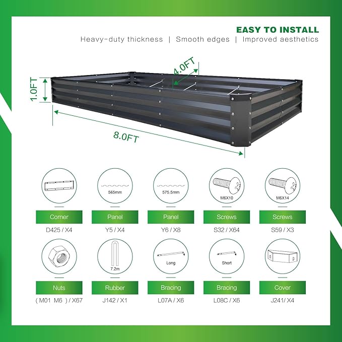 GARDMAX 8x4x1FT Galvanized Raised Garden Bed Kit Metal Planter Boxes Outdoor with Easy Assembly Large Garden Bed for Vegetables Fruits Flower Herbs Rectangle Dark Gray
