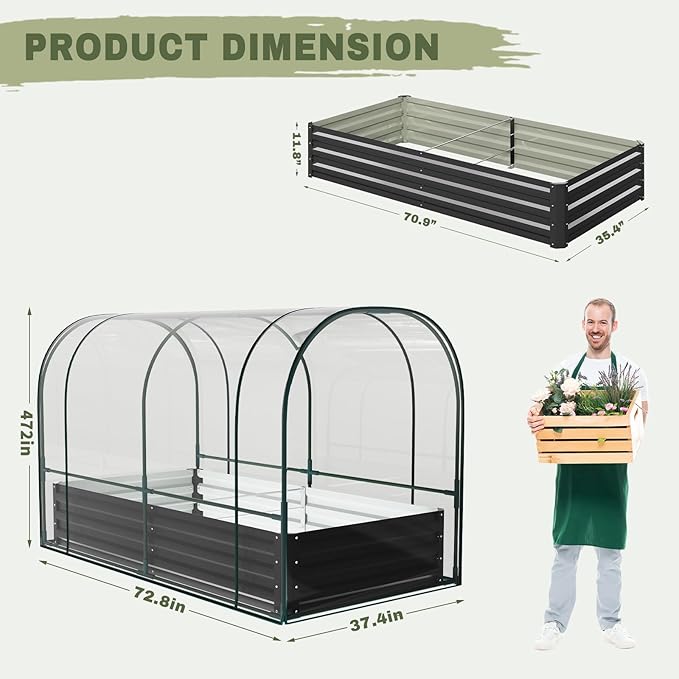 SUNYRISY Galvanized Raised Garden Bed with Greenhouse Outdoor Metal Planter Box with Plant Bed Cover Garden Box Protection for Gardening Vegetables Flowers Herbs Planting Black