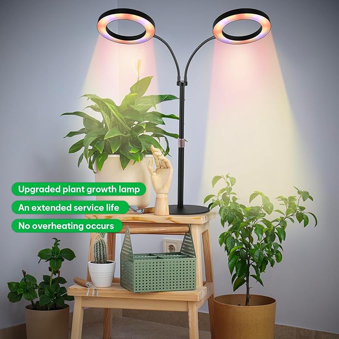 Dual-Head Grow Lights for Indoor Plants LED Full Spectrum Plant Lamp with Timer 3/9/12H 10 Dimmable Levels Flexible Gooseneck Height Adjustable 14-23 for House Plants &amp Seedlings