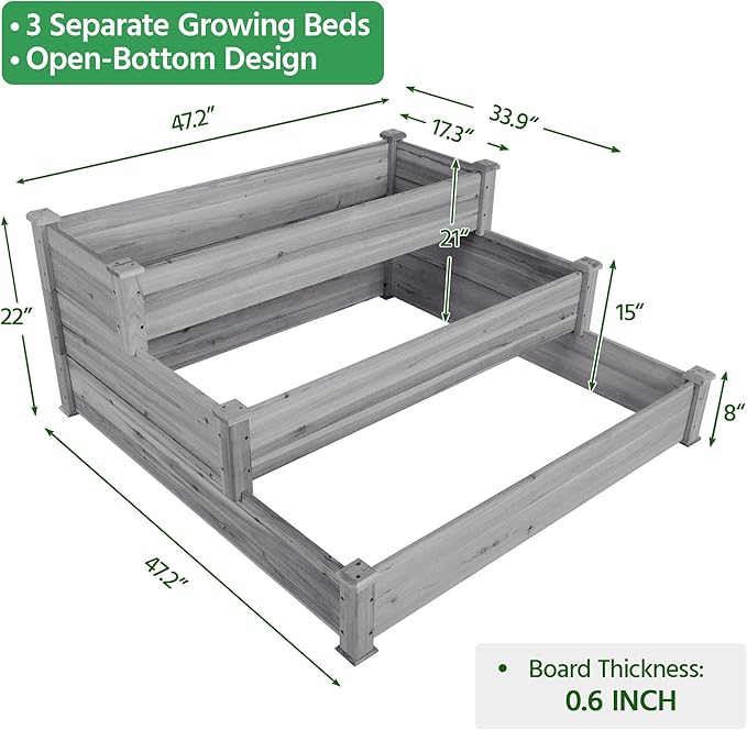 Yaheetech 3 Tier 47 x 47 x 22in Raised Garden Bed Horticulture Outdoor Elevated Flower Box Tiered Garden Bed Wooden Vegetables Growing Planter for Backyard/Patio/Gardener Gray