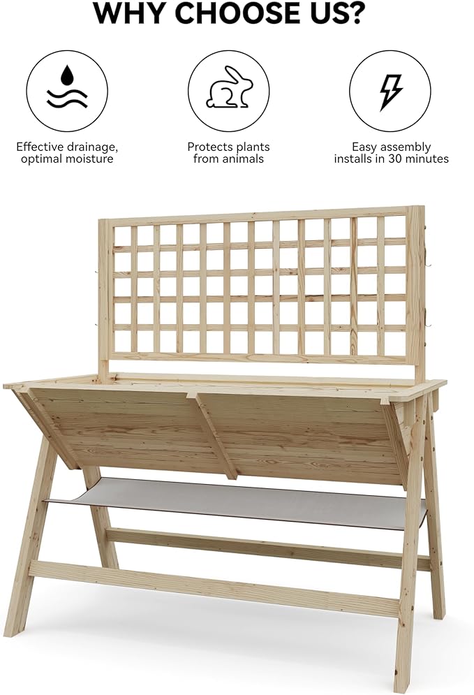 Wooden Elevated Garden Bed with Legs - 52x30x54 Inch Raised Garden Bed Vertical Planter with Trellis Suitable for Growing Vegetables Flowers and Herbs Outdoor Wooden Vertical Garden Bed
