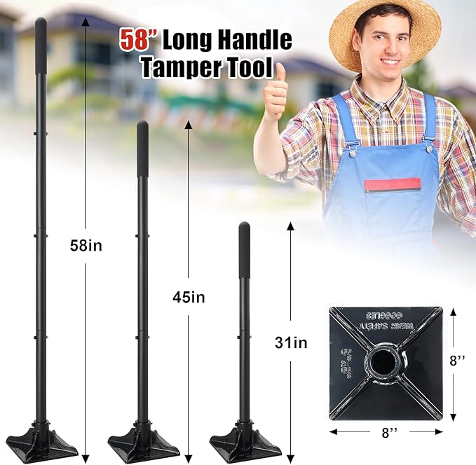 Steel Tamper Tool Heavy Duty Garden Ground Steel Tamper Tool Kit Long Handle 58 Inch 8x8” Square Dirt Hand Tamper Landscaping Garden Tools for Leaving Soil Sand Gravel Asphalt Driveway