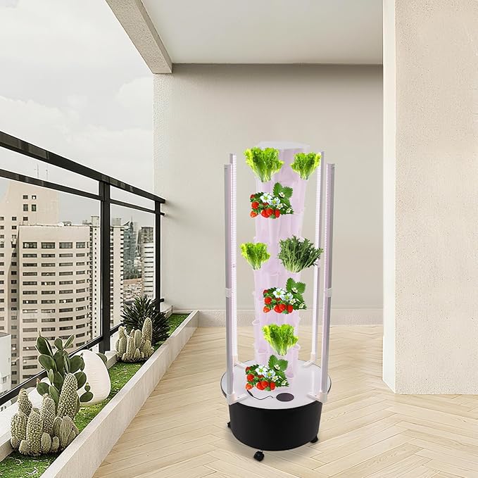 8 Tier Hydroponic Tower Garden - Indoor Vertical Gardening System 48 Holes with LED Grow Light &amp Self-Watering Pump for Strawberries Lettuce Herbs Home Grow Kit with Timer &amp Wheels