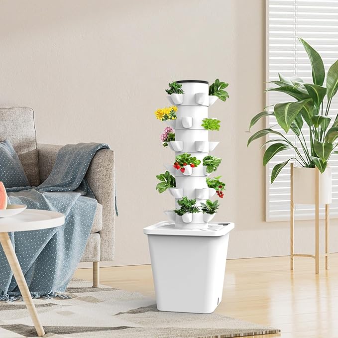 Hydroponics Growing System Vertical Garden Tower Indoor Herb Garden Kit Aeroponics Grow Kit with LED Light Aquaponics Grow System Tower for Garden25holes