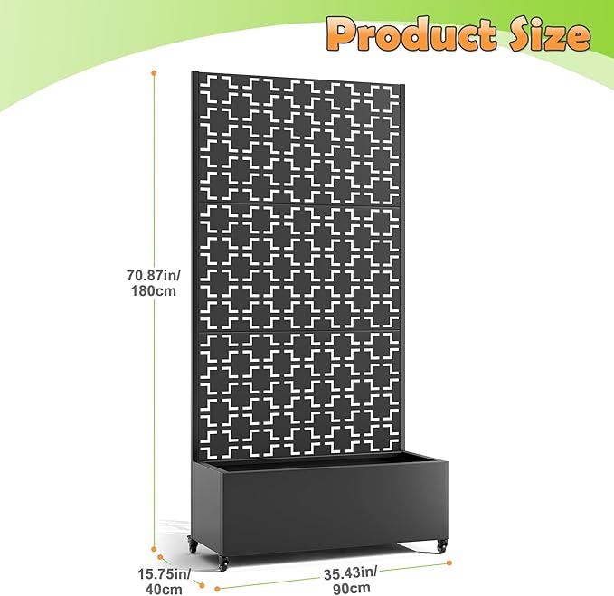 Metal Raised Garden Bed with Trellis 2-in-1 Planter Box &amp Privacy Screen for Climbing Plants Outdoor Standing Flower Bed with Drainage Holes 35.4 L x 15.7 W x 70.1 H Black-Square