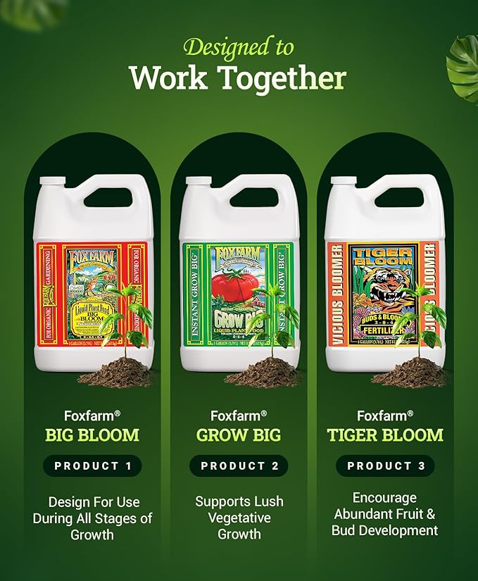 FoxFarm Soil Liquid Trio Pack - Big Bloom Grow Big Tiger Bloom Fertilizers for Vigorous Plant Growth Bud Development &amp Abundant Fruit - Complete Liquid Plant Food Set - 3 Gallon Bottles