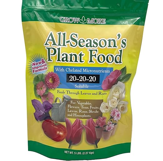 Grow More All-Season's Plant Food (20-20-20 Fertilizer) - 5lbs of All Purpose Fertilizer - Water Soluble Food for Houseplants &amp Outdoor Plants with Chelated Micronutrients