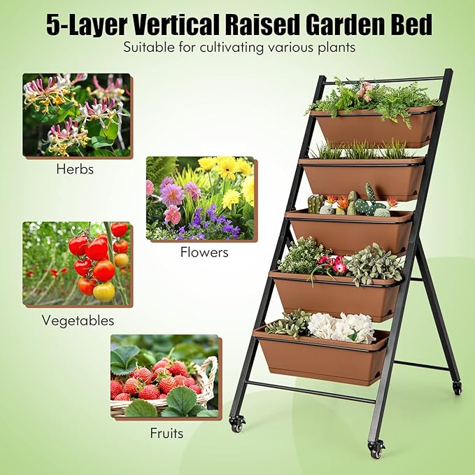 HAPPYGRILL Vertical Raised Garden Bed 5-Layer Freestanding Garden Planter with Drainage Holes Container Boxes Elevated Planter Box for Herb Vegetable Flower Growing (2 Brown)