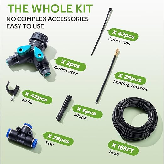 HIRALIY 360° Adjustable Drip Irrigation System 165FT 1/4 Tubing with Adjustable Copper Nozzles Automatic Atomizing Watering Kit for Garden Yard Lawn Greenhouse &amp Potted Plants
