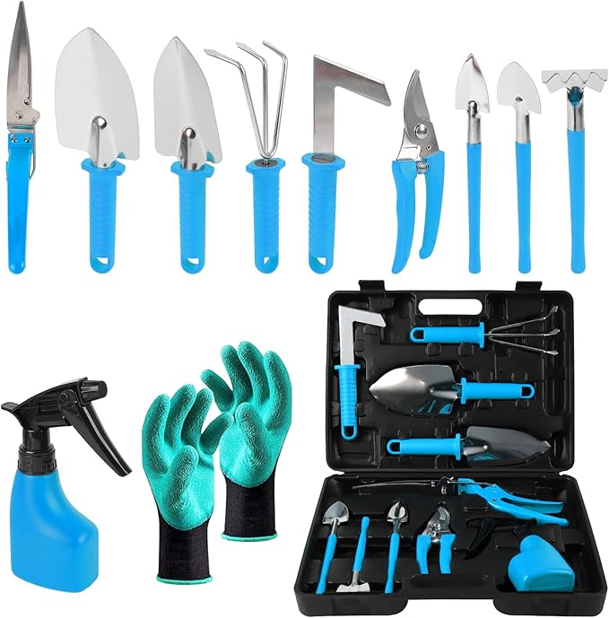 Gardening Tool Set 11 Pieces Gardening Tools with Carrying Case Garden Tool Kit for Digging Planting Pruning Unique Gardening Set with Gloves for Women and Men (Blue)