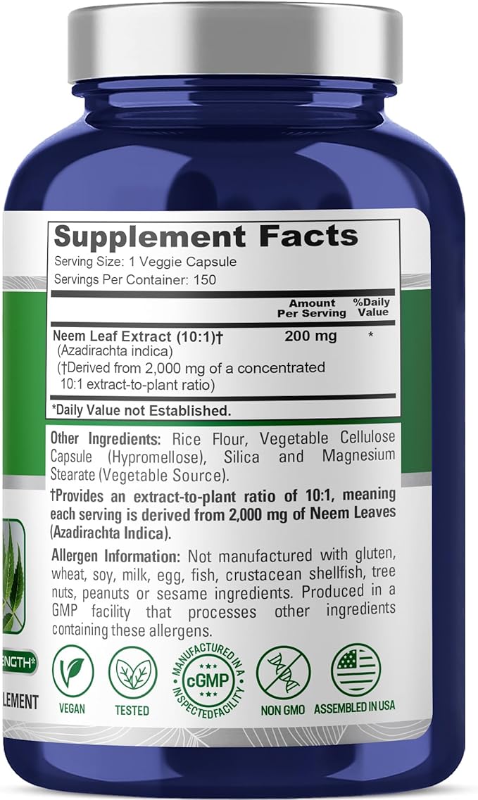 NusaPure Neem Leaf Root 10:1 Extract 200 mg Equivalent to 2000 mg 150 Veggie Capsules|Herbal Supplement|Non-GMO Vegan