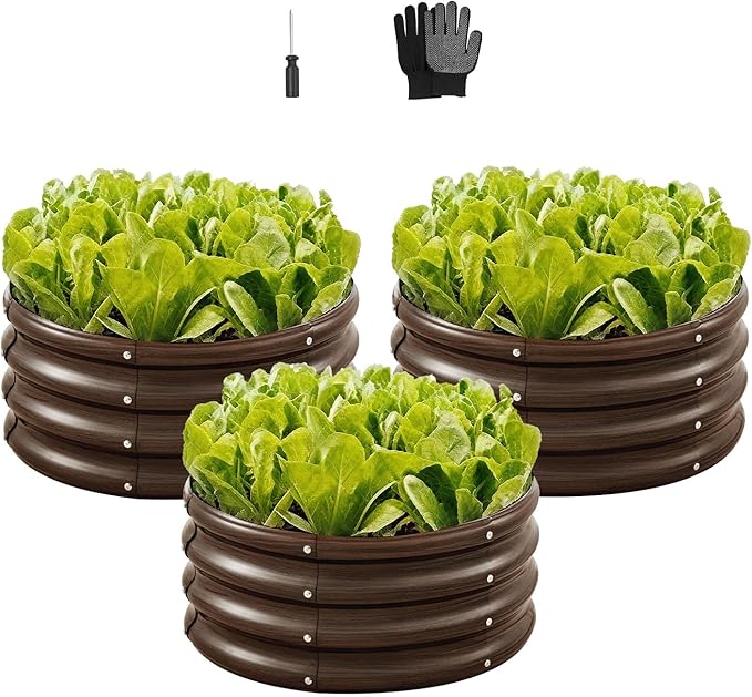 VEVOR 3 Pcs 2x2x1ft Round Galvanized Raised Garden Bed Kit Outdoor Metal Raised Beds for Gardening Vegetables Easy Assembly Garden Planter Box for Flowers Fruits with Open Base