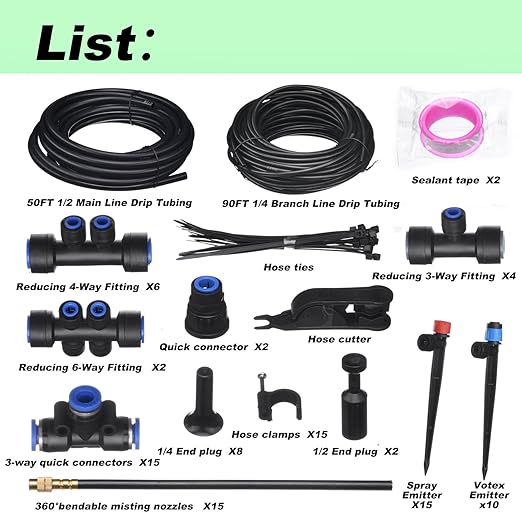 Drip Irrigation Kit for Garden Automatic Watering System with Quick Connect Fittings Adjustable Spray Nozzles Water Saving Irrigation System for Yard Greenhouse Lawn &amp Potted Plants (140FT)