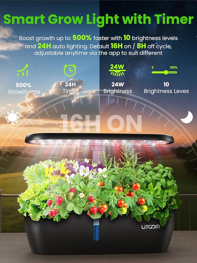 litokam Hydroponics Growing System Kit 15-Pod Indoor Herb Garden Planter with 24W Grow Light &amp APP Control Indoor Gardening System with 2 Grow Modes Quiet Pump &amp 24H Timer