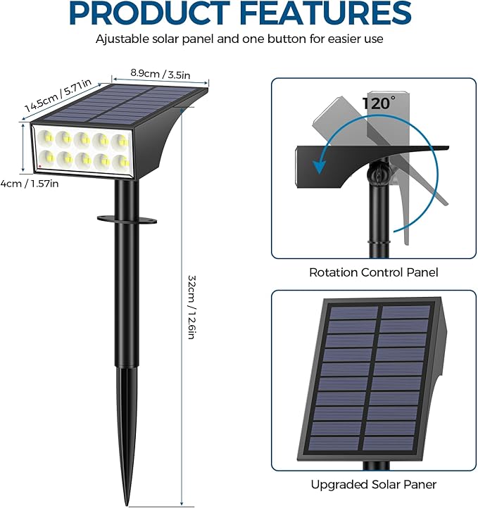 Solar Lights Outdoor Waterproof Solar Spot Lights- 2 Pack/4 Mode LED Spotlights 2-in-1 Auto On/Off Powered Landscape Lighting for Outside Yard Wall Garden Path Driveway Cool White