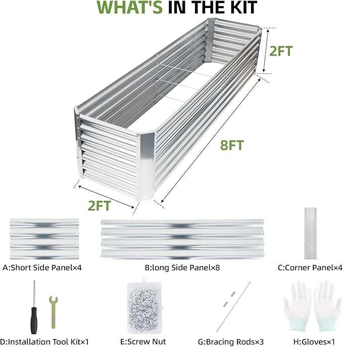 8x2x2ft Raised Garden Bed - Galvanized Deep Root Planter Boxes Outdoor with Wing Nuts and Safety Edges for Gardening Vegetables Flowers Herbs Succulents - Silver