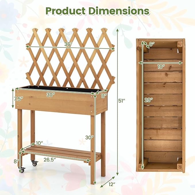 Giantex Raised Garden Bed on Wheels Rolling Planter Boxes with Trellis Storage Shelf &amp Black Liner Indoor Outdoor Wood Raised Bed for Flower Climbing Vine 36”x12”x51”