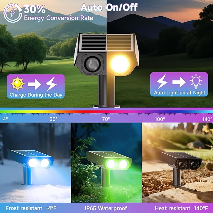 Color Changing Solar Spot Lights Outdoor with PC Light Guide Column 8 Lighting Modes Christmas Outdoor Spotlight IP65 Waterproof RGB Solar Spotlight for Garden Yard Tree Pathway 4Pack