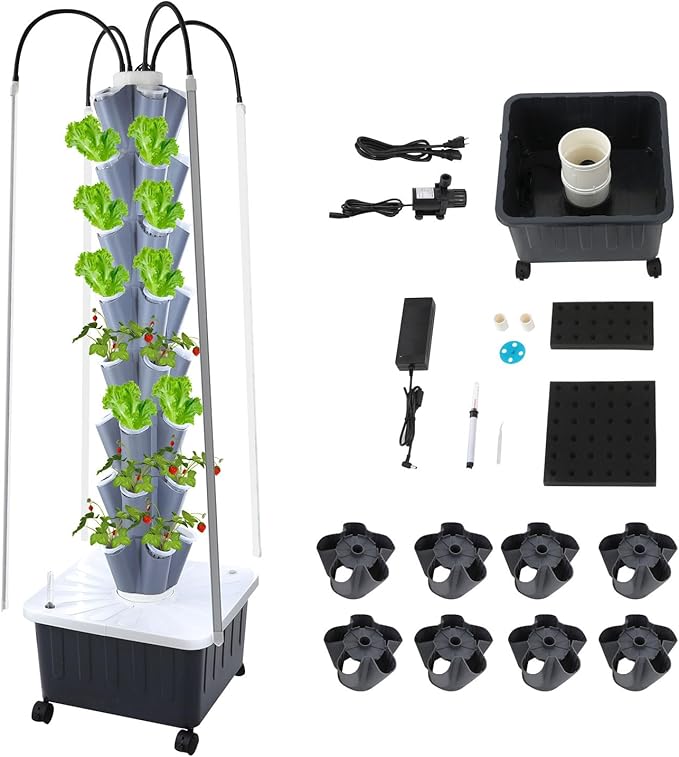 Hydroponics Growing System Tower Kit with Led Light 40pods Vertical Hydroponic Tower 8 Layer Hydroponics Tower Indoor Garden for Herbs Fruits and Vegetables (Black)