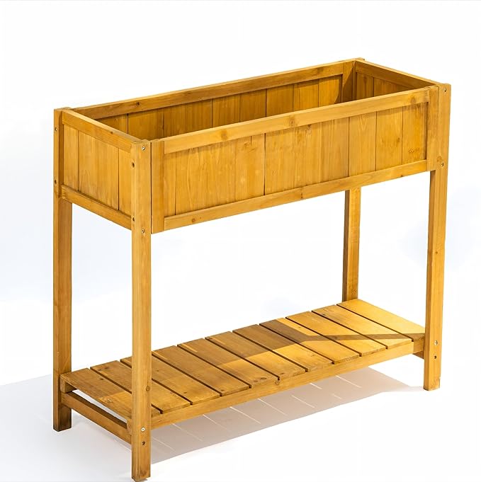Premium Fir Wooden Raised Garden Bed with Four Legs for Backyard and Balcony GardeningSuitable for Indoor and Outdoor useBottom with Storage Rack35.04''×13''×29.92''