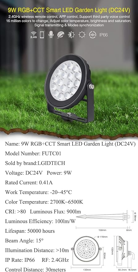 LGIDTECH FUTC01 Miboxer 9W RGB+CCT DC 24V Outdoor LED Garden Spotlight 16 Million Colors ChangingColor Temperature Adjustable
