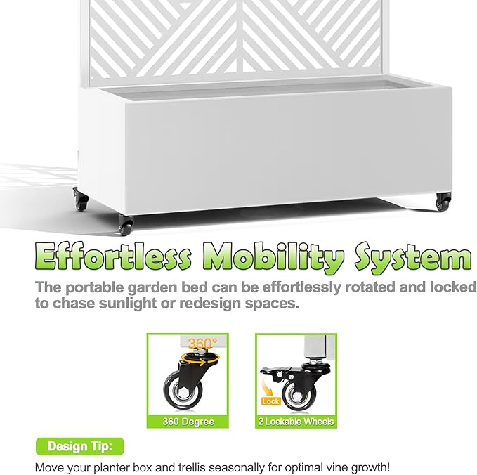 15.7×70.9×35.4 Metal Raised Garden Bed with Trellis and Wheels - Tall Trellis Planter Box for Climbing Plants Vegetables &amp Vines - Outdoor Privacy Planters for Patio (White-Zodiac)