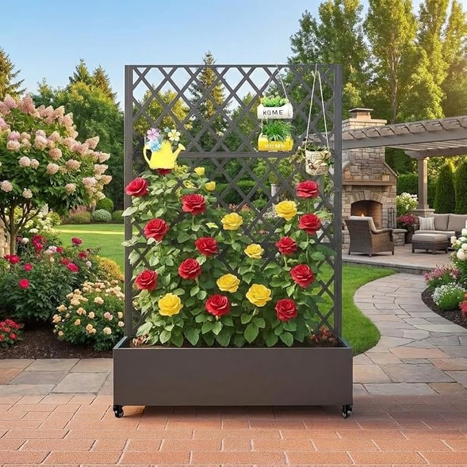 Outdoor Metal Privacy Screen with Trellis &amp Planter Box – 72 x 47 3-Panel Raised Garden Bed on Wheels with Drainage Patio Divider for Climbing Plants &amp Vegetables Black Wheeled - Diagonal