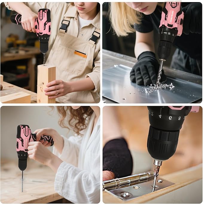 COMOWARE 12V Cordless Drill Set Pink Hand Tool Set with Cordless Drill Driver Complete Repair Tool Kit for Women Storage Bag Ideal for Office Garden Dorm and DIY Project