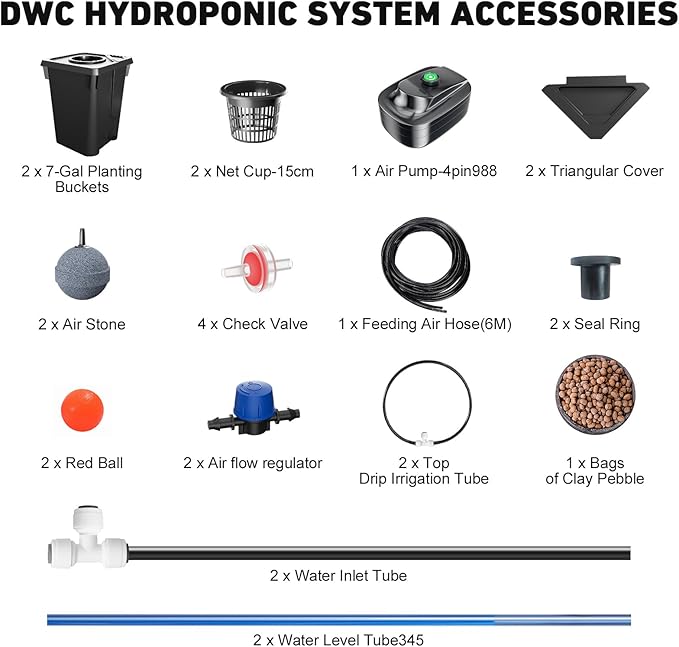 2 Buckets DWC Hydroponics Grow System with Top Drip Kit 7 Gallon Deep Water Culture with Air Pump Air Stone Air Hose Recirculating Drip Garden System