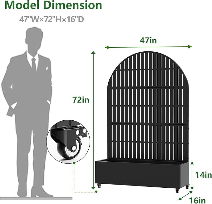 Casaphoria Raised Garden Bed Metal Planter Box with Trellis 72x47x16 for Outdoor Climbing Plants Flowers Vegetables and Vines Privacy Screen with Wheels and Drainage Holes(Black Vertical)
