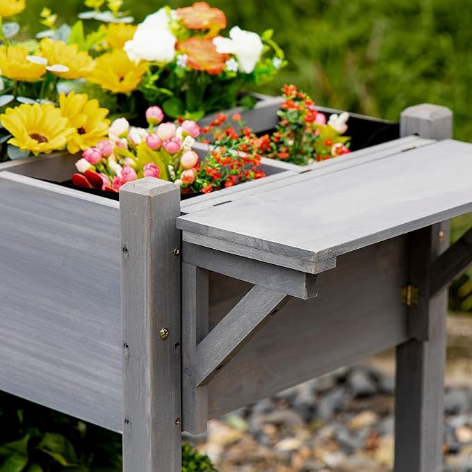 Outsunny Raised Garden Bed with 8 Grow Grids Wooden Outdoor Plant Box Stand with Folding Side Table and Wheels 49 x 21 x 34 for Vegetables Flowers Herbs Gray