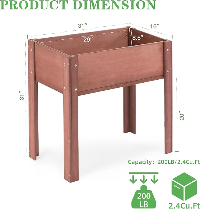 Raised Garden Bed with Legs (31x16x31'') Solid Wood Elevated Planter Box for Outdoor
