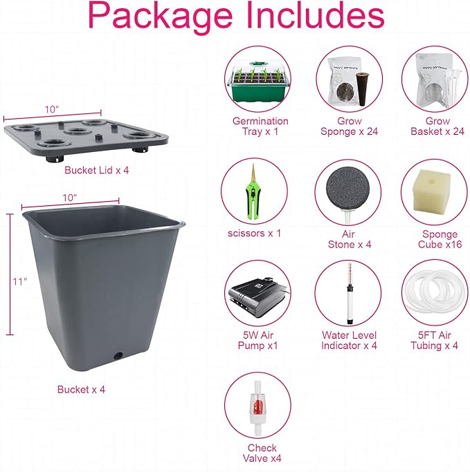 4 Hydroponic Buckets Kit for Plants Hydroponics Growing System for Herbs/Tomato/Vegetables DWC System with Air Pump &amp Germination Tray (Complete Indoor Hydroponic Gardening Supplies)